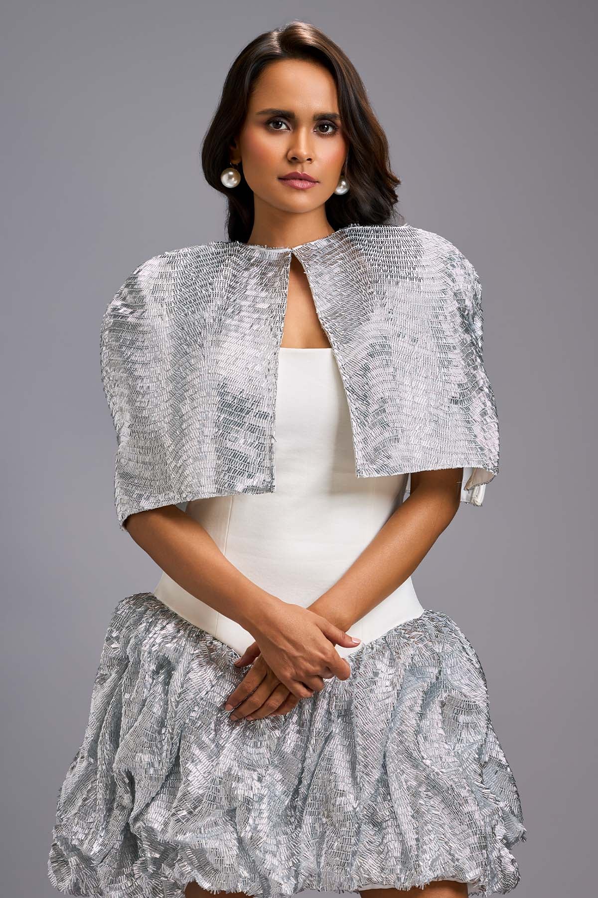 Deepika Arora A Strapless White Knee Length Dress With A Capee indian designer wear online shopping melange singapore 