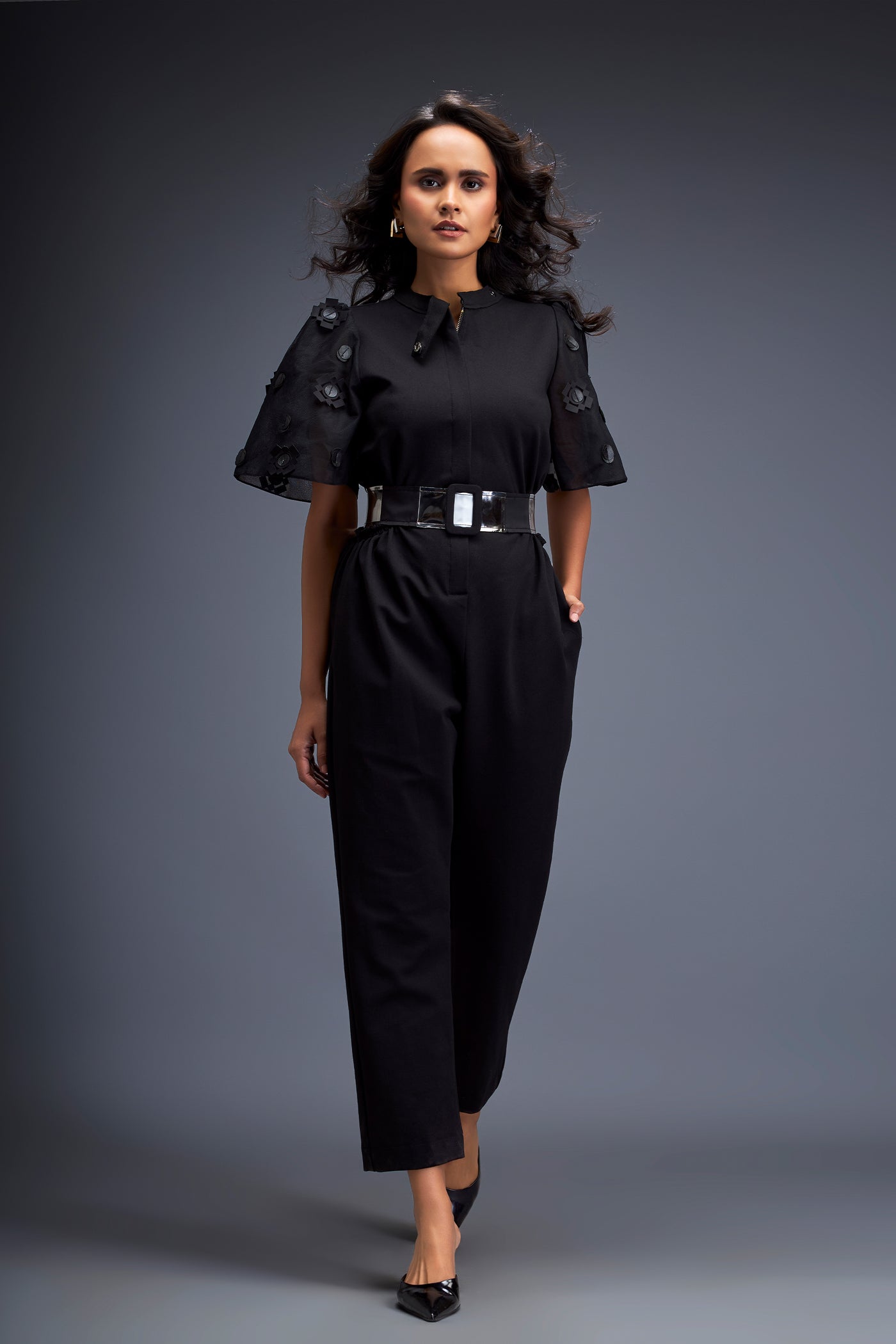 Deepika Arora Black Jumpsuit With Puffed Sleeves indian designer wear online shopping melange singapore 
