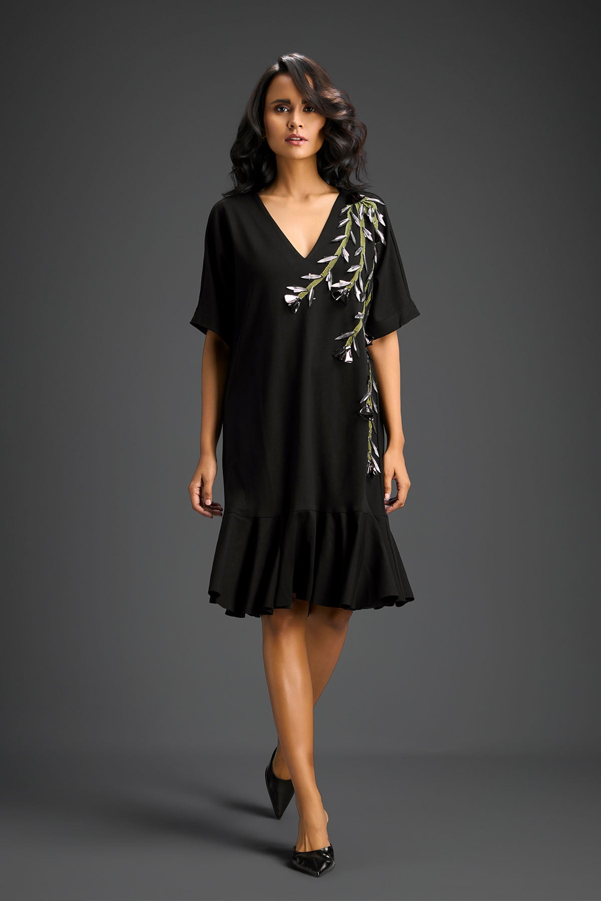 Deepika Arora Black V-neck Dress With Short Sleeves Indian designer wear online shopping melange singapore 