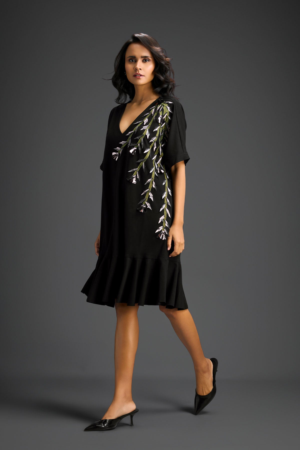 Deepika Arora Black V-neck Dress With Short Sleeves Indian designer wear online shopping melange singapore 