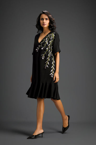 Deepika Arora Black V-neck Dress With Short Sleeves Indian designer wear online shopping melange singapore 