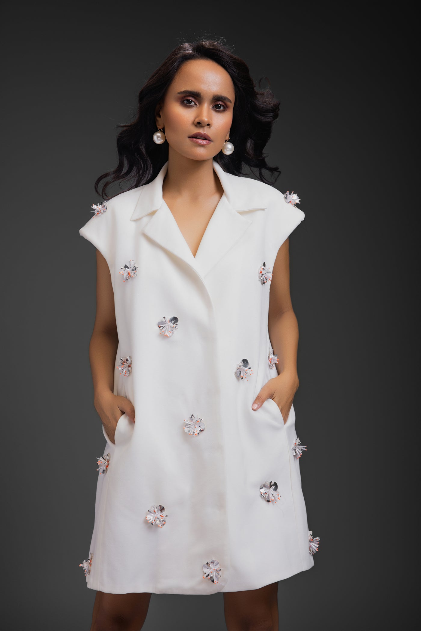 Deepika Arora Blazer Dress With Neon Embroidery Detail White indian designer wear online shopping melange singapore