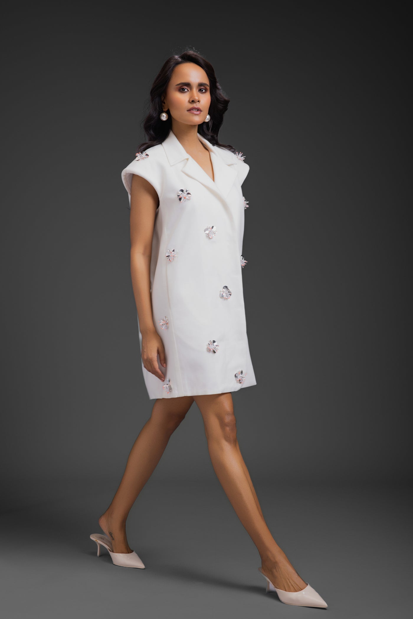 Deepika Arora Blazer Dress With Neon Embroidery Detail White indian designer wear online shopping melange singapore