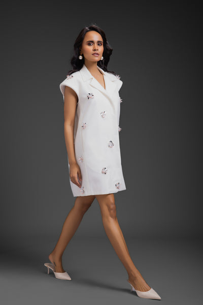 Deepika Arora Blazer Dress With Neon Embroidery Detail White indian designer wear online shopping melange singapore
