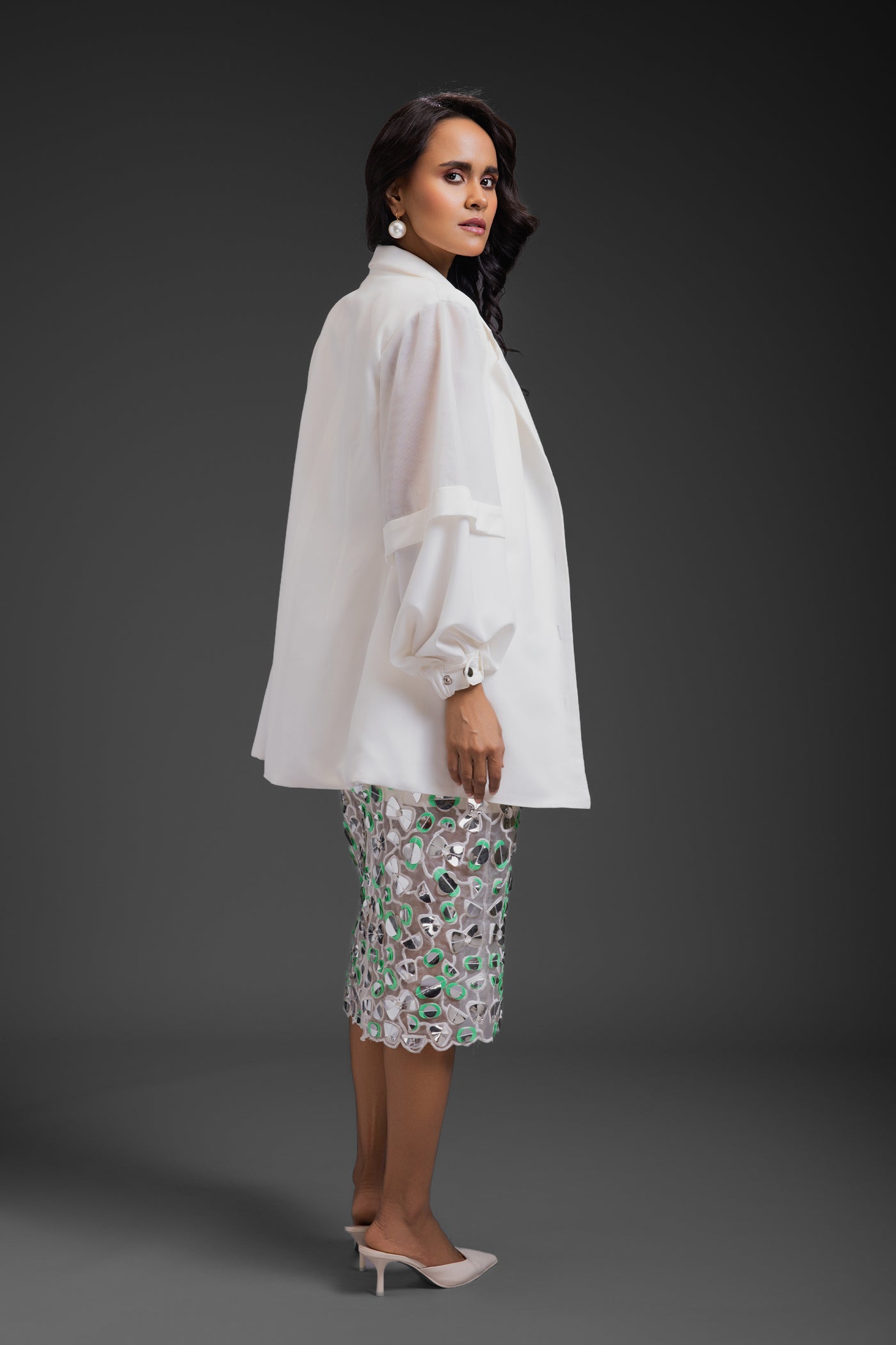 Deepika Arora Blazer With Organza Skirt White indian designer wear online shopping melange singapore