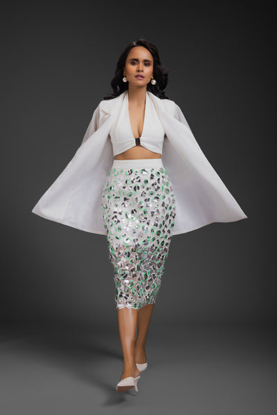 Deepika Arora Blazer With Organza Skirt White indian designer wear online shopping melange singapore