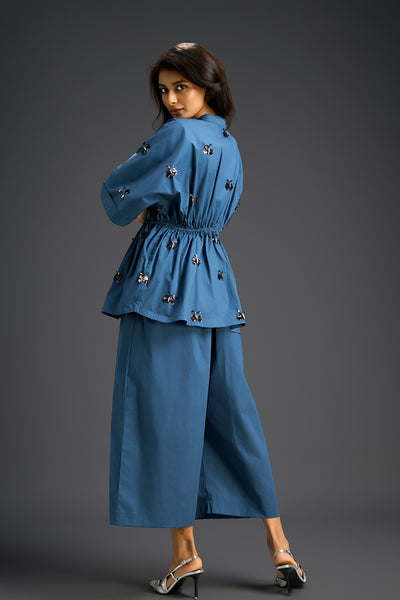 Deepika Arora Blue Co-ord Set With A Drawstring-waist Shirt indian designer wear online shopping melange singapore 