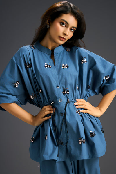 Deepika Arora Blue Co-ord Set With A Drawstring-waist Shirt indian designer wear online shopping melange singapore 