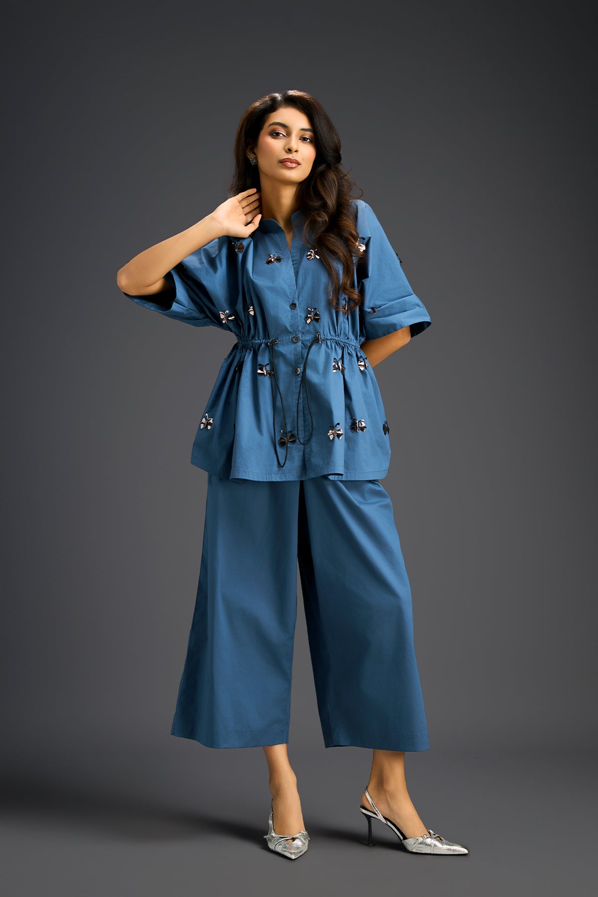 Deepika Arora Blue Co-ord Set With A Drawstring-waist Shirt indian designer wear online shopping melange singapore 