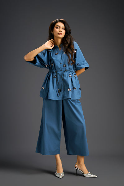 Deepika Arora Blue Co-ord Set With A Drawstring-waist Shirt indian designer wear online shopping melange singapore 