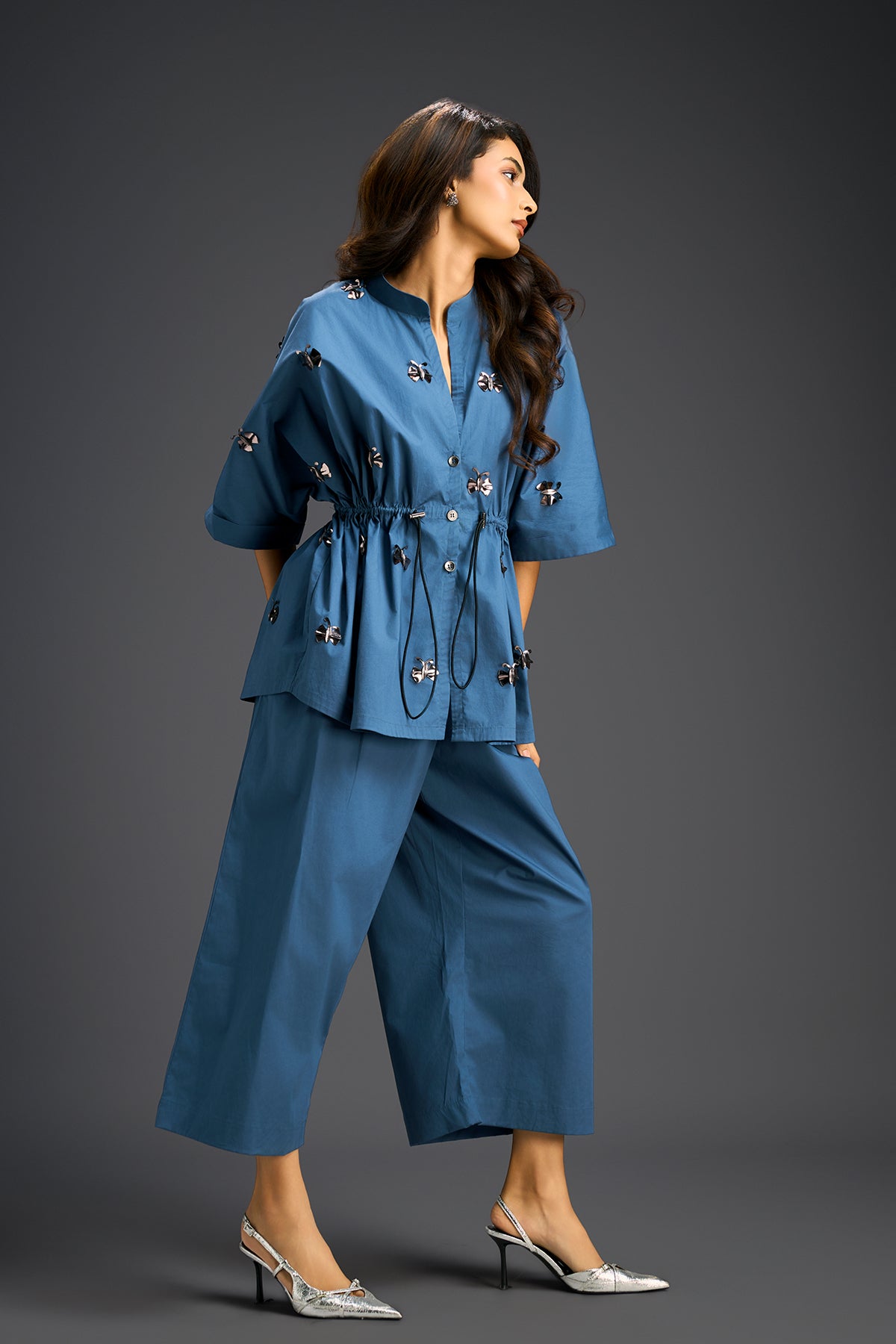 Deepika Arora Blue Co-ord Set With A Drawstring-waist Shirt indian designer wear online shopping melange singapore 
