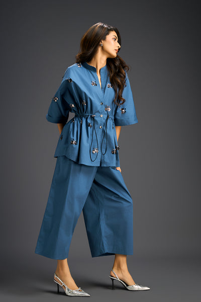 Deepika Arora Blue Co-ord Set With A Drawstring-waist Shirt indian designer wear online shopping melange singapore 