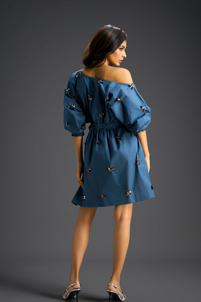 Deepika Arora Blue Off-shoulder Cotton Dress Indian designer wear online shopping melange singapore 