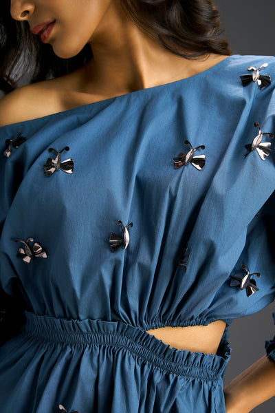 Deepika Arora Blue Off-shoulder Cotton Dress Indian designer wear online shopping melange singapore 