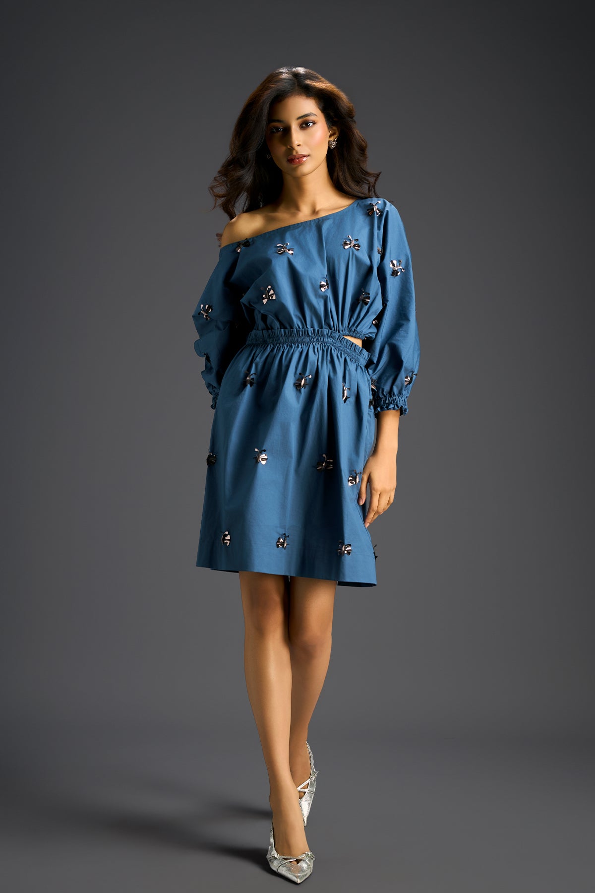 Deepika Arora Blue Off-shoulder Cotton Dress Indian designer wear online shopping melange singapore 