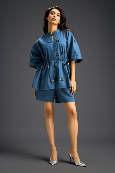 Deepika Arora Blue Shorts Co-ord Set With A Drawstring-waist Shirt indian designer wear online shopping melange singapore 