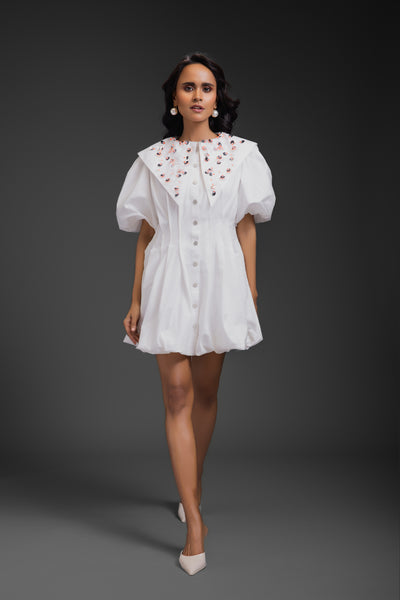 Deepika Arora Bubble Dress With Sailor Collar Detailing White indian designer wear online shopping melange singapore