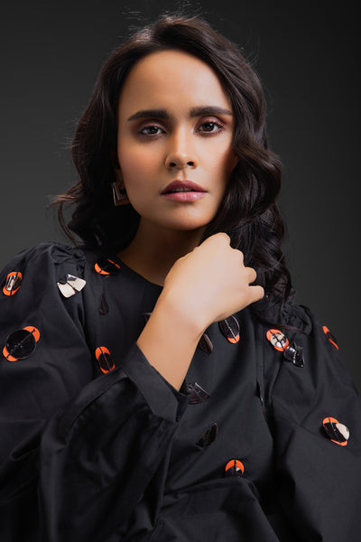 Deepika Arora Cotton Dress With Neon Metallic Detailing Black indian designer wear online shopping melange singapore