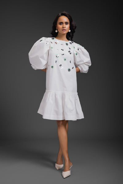 Deepika Arora Cotton Dress With Neon Metallic Detailing White indian designer wear online shopping melange singapore