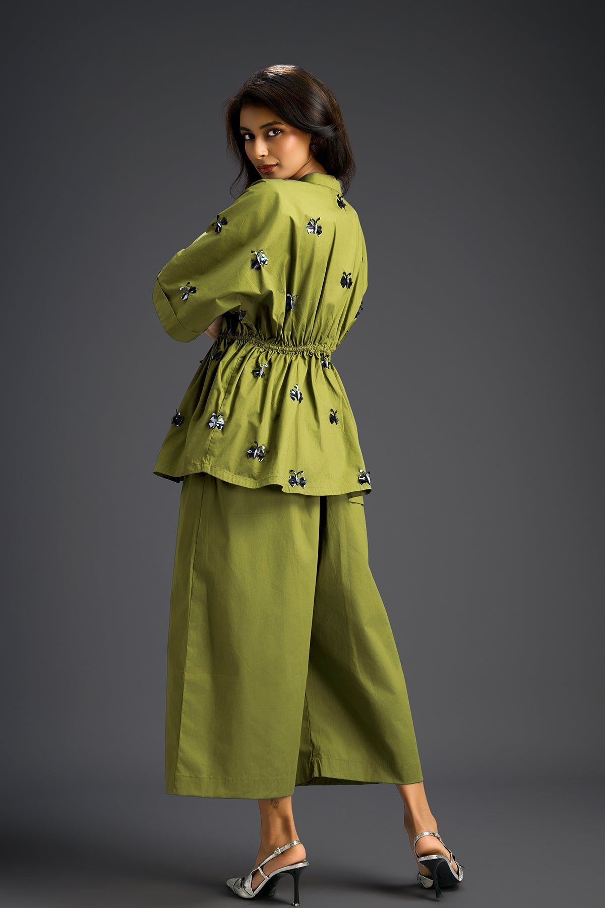 Deepika Arora Green Co-ord Set With A Drawstring-waist Shirt indian designer wear online shopping melange singapore 
