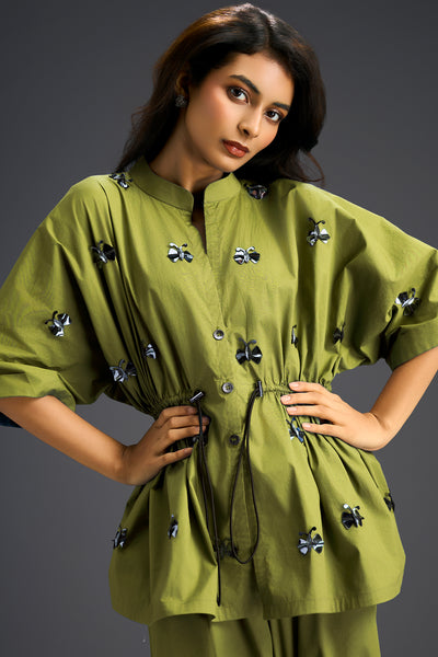 Deepika Arora Green Co-ord Set With A Drawstring-waist Shirt indian designer wear online shopping melange singapore 
