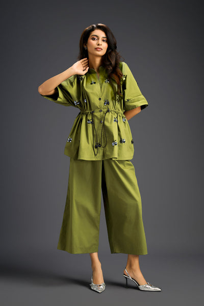 Deepika Arora Green Co-ord Set With A Drawstring-waist Shirt indian designer wear online shopping melange singapore 