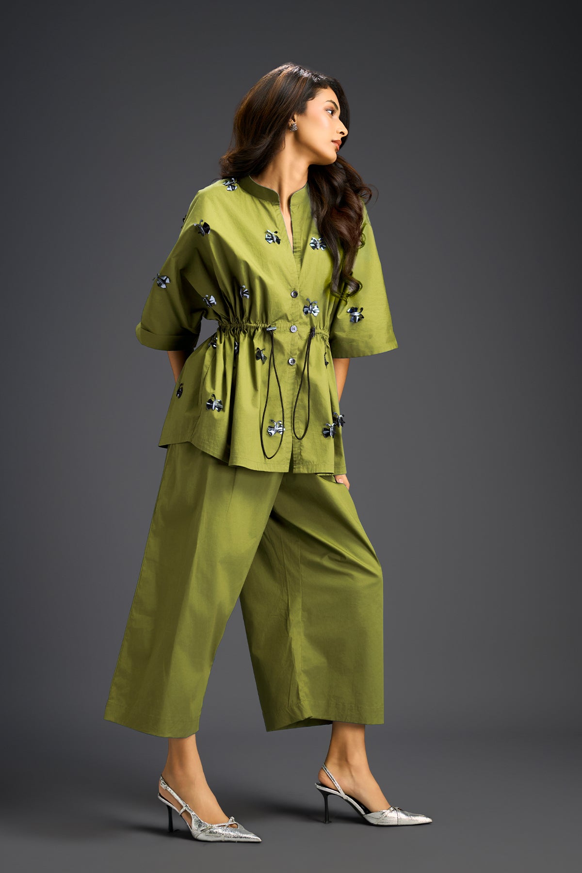 Deepika Arora Green Co-ord Set With A Drawstring-waist Shirt indian designer wear online shopping melange singapore 
