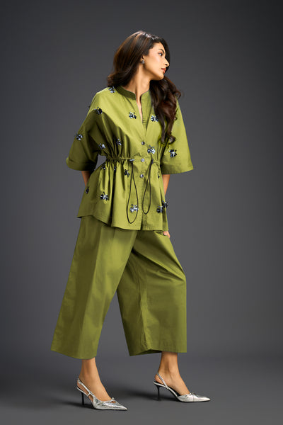 Deepika Arora Green Co-ord Set With A Drawstring-waist Shirt indian designer wear online shopping melange singapore 