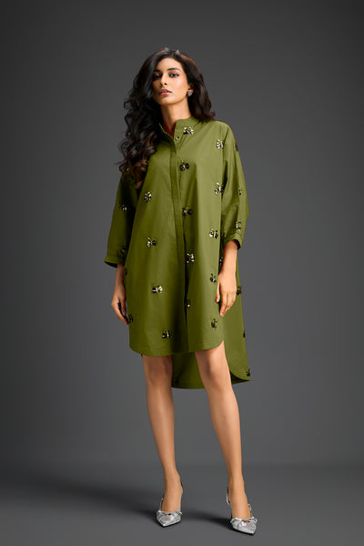 Deepika Arora Green Oversized Cotton Shirt Dress Indian designer wear online shopping melange singapore 