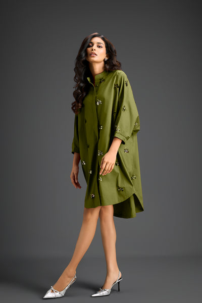 Deepika Arora Green Oversized Cotton Shirt Dress Indian designer wear online shopping melange singapore 