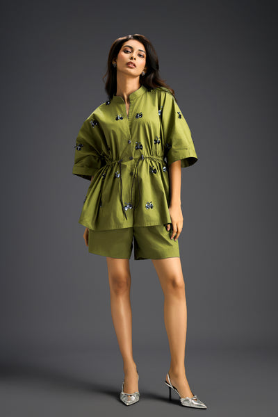 Deepika Arora Green Shorts Co-ord Set With A Drawstring-waist Shirt indian designer wear online shopping melange singapore 