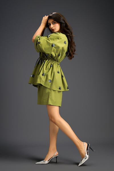 Deepika Arora Green Shorts Co-ord Set With A Drawstring-waist Shirt indian designer wear online shopping melange singapore 
