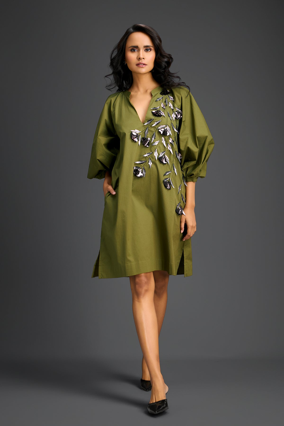 Deepika Arora Green V-neck Dress Indian designer wear online shopping melange singapore 