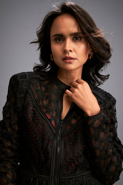 Deepika Mesh Dress With Geometric Patterns Black indian designer wear online shopping melange singapore