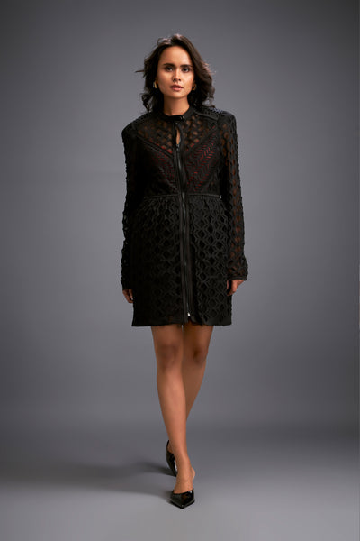 Deepika Mesh Dress With Geometric Patterns Black indian designer wear online shopping melange singapore