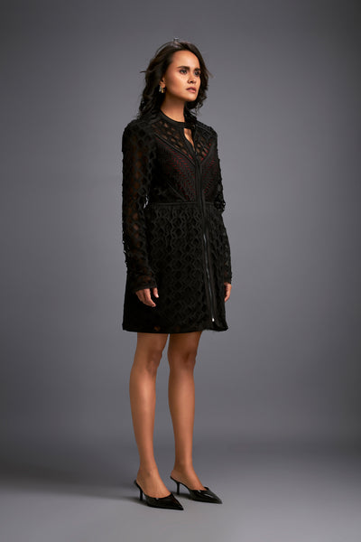 Deepika Mesh Dress With Geometric Patterns Black indian designer wear online shopping melange singapore
