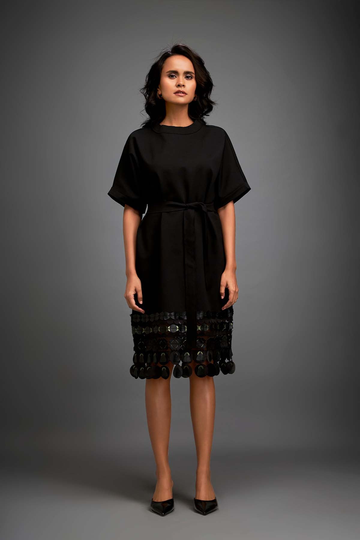 Deepika Arora Minimalistic Dress With Belted Waist, Short Sleeves indian designer wear online shopping melange singapore 

