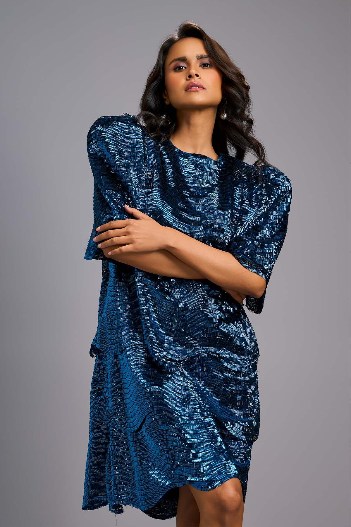 Deepika Arora Navy Blue Shimmer Textured Knee-length Dress indian designer wear online shopping melange singapore 