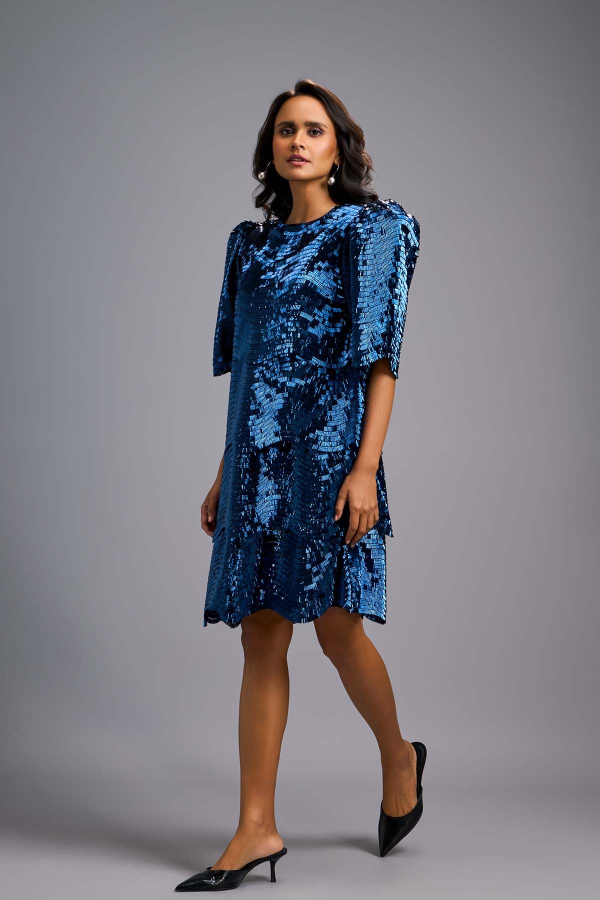 Deepika Arora Navy Blue Shimmer Textured Knee-length Dress indian designer wear online shopping melange singapore 