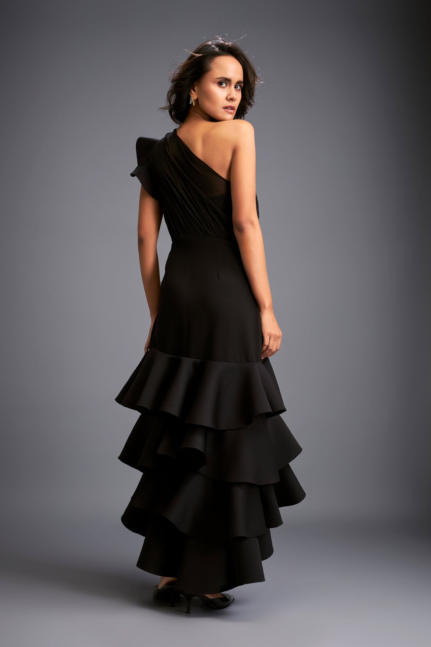 Deepika Arora One Shoulder Black Tiered Dress indian designer wear online shopping melange singapore
