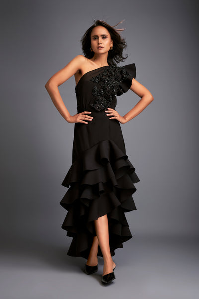 Deepika Arora One Shoulder Black Tiered Dress indian designer wear online shopping melange singapore