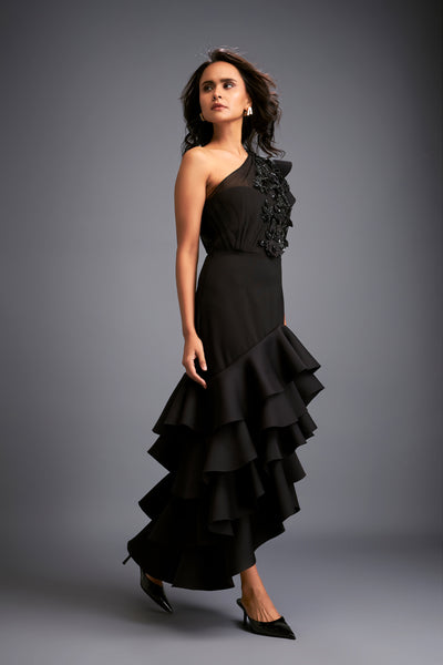 Deepika Arora One Shoulder Black Tiered Dress indian designer wear online shopping melange singapore
