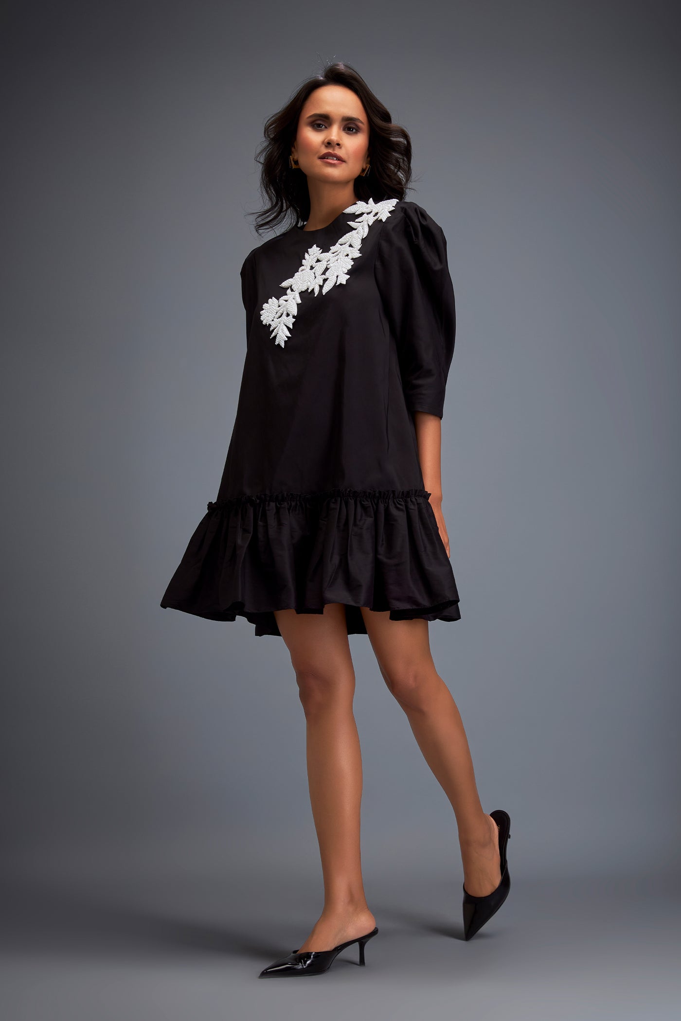 Deepika Arora Puffed Sleeves And Skirt Black White Indian designer wear online shopping melange singapore