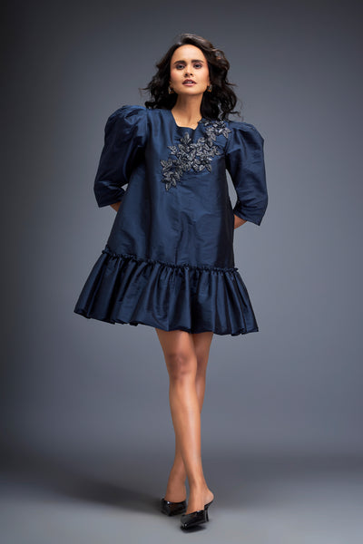 Deepika Arora Puffed Sleeves And Skirt Dress Blue Indian designer wear online shopping melange singapore
