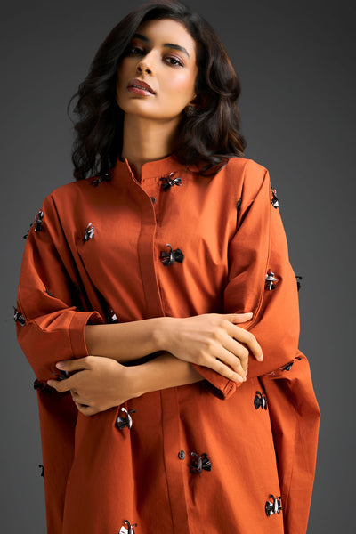 Deepika Arora Rust Oversized Cotton Shirt Dress
 Indian designer wear online shopping melange singapore 
