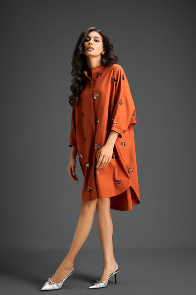 Deepika Arora Rust Oversized Cotton Shirt Dress
 Indian designer wear online shopping melange singapore 
