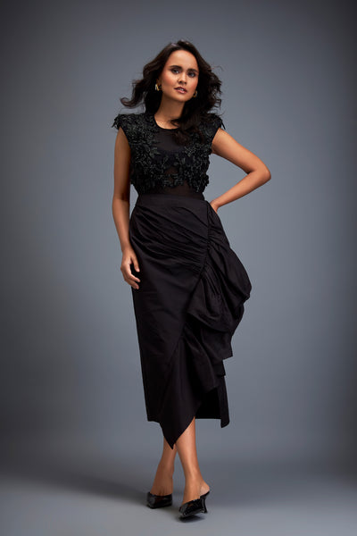 Deepika Arora Sheer Top With A Ruched Asymmetric Skirt Indian designer wear online shopping melange singapore