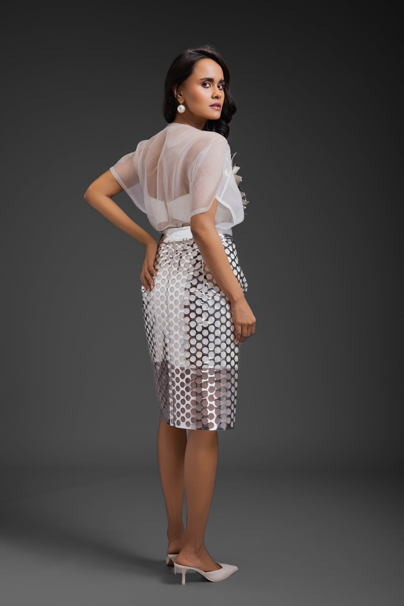 Deepika Arora Sheer Top With Silver Skirt White indian designer wear online shopping melange singapore
