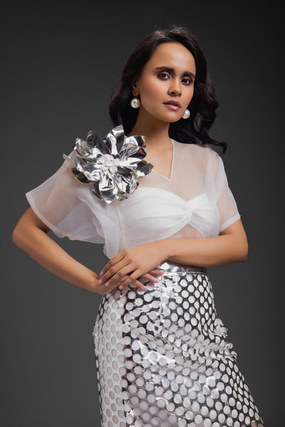 Deepika Arora Sheer Top With Silver Skirt White indian designer wear online shopping melange singapore
