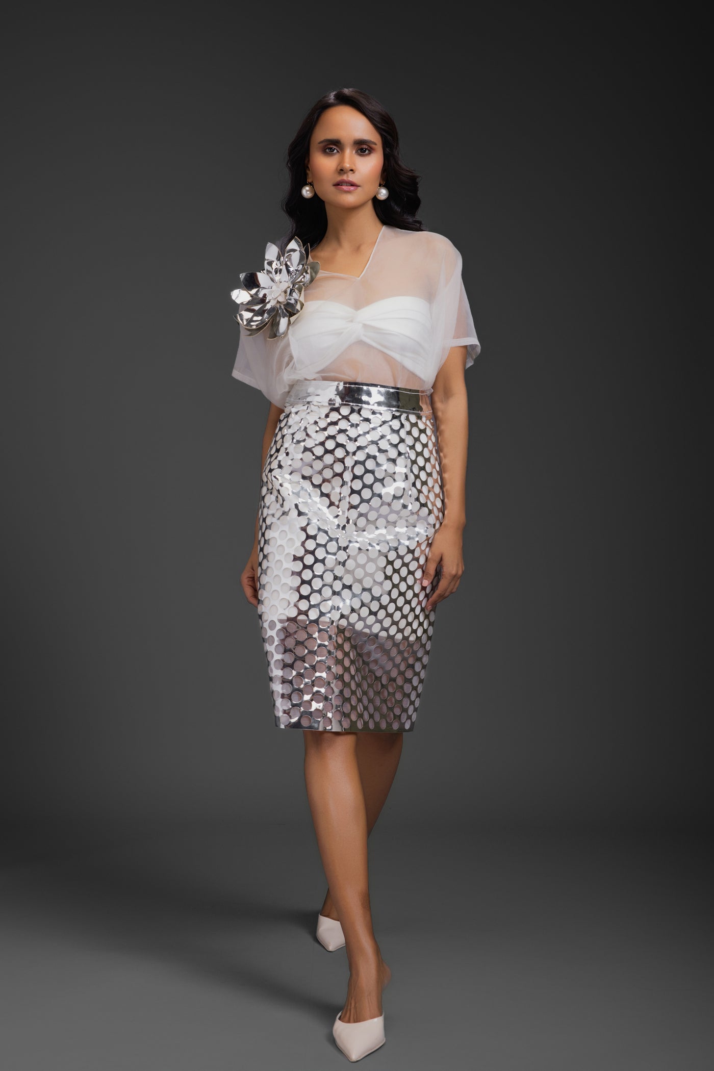 Deepika Arora Sheer Top With Silver Skirt White indian designer wear online shopping melange singapore
